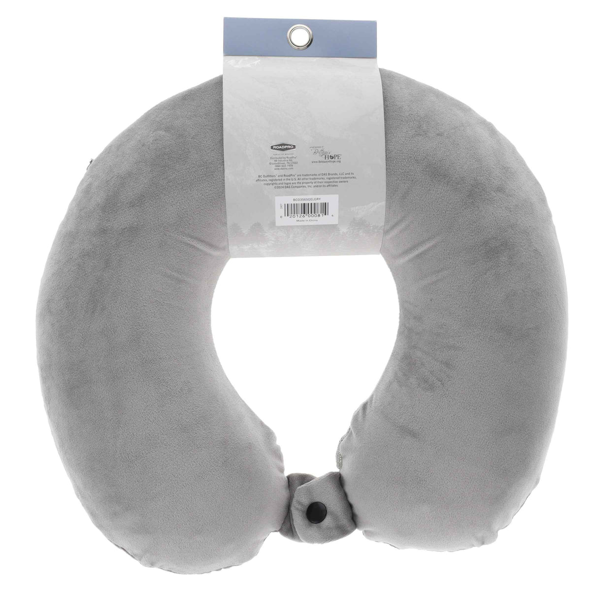 BC Outfitters BCO3565GELGRY Gel Neck Pillow with Memory Foam and Cooling Gel-Removable Washable Cover Front Snap for Travel Comfort-Gray