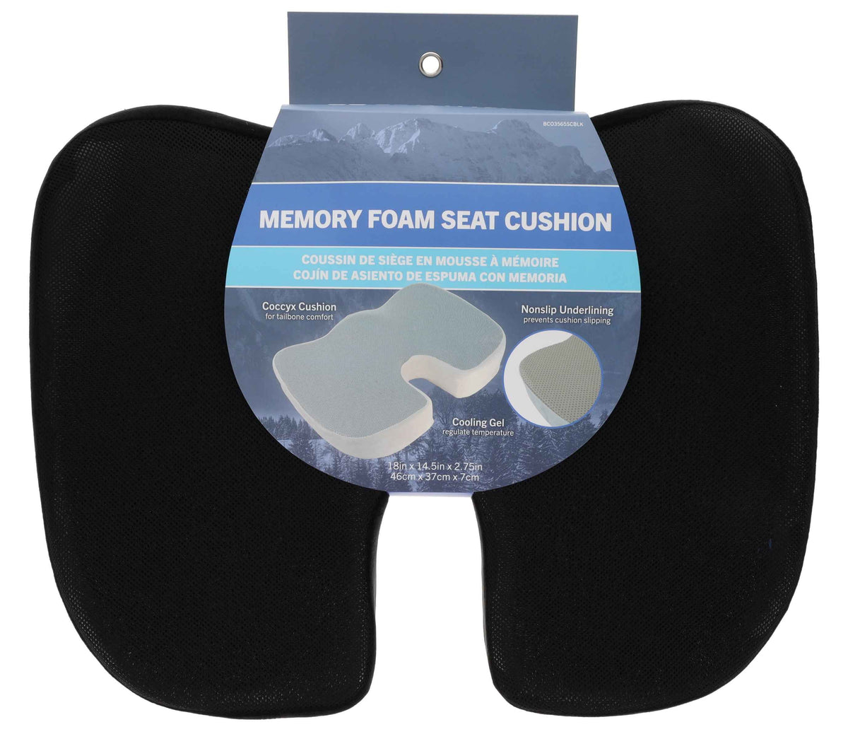 BC Outfitters BCO3565SCBLK Ergonomic Seat Cushion with Memory Foam and Cooling Gel-Coccyx Support Nonslip Base Washable Cover 46 x 37 x 7 cm-Black