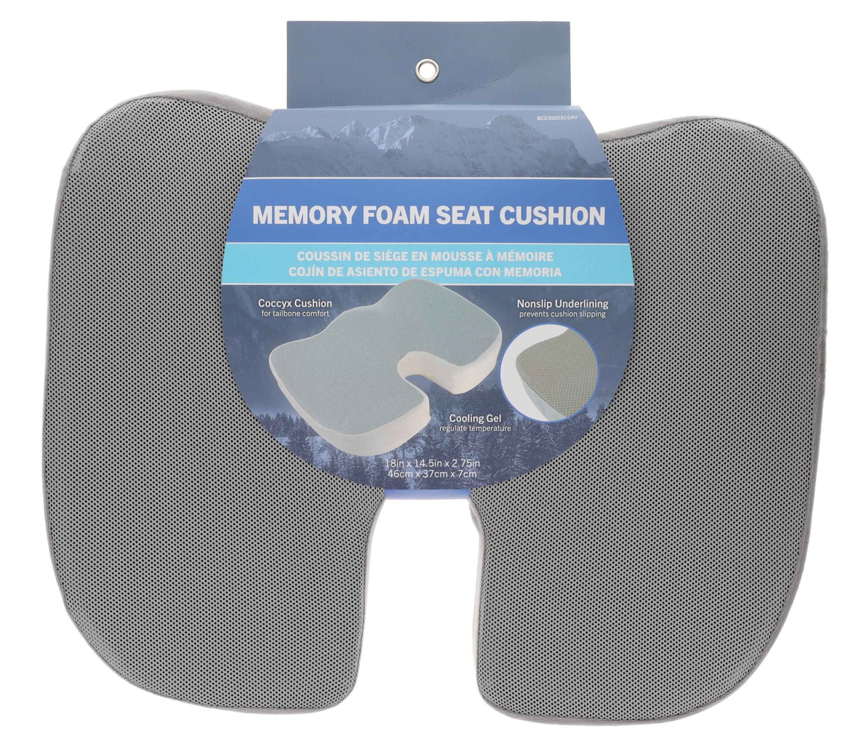 BC Outfitters BCO3565SCGRY Ergonomic Seat Cushion with Memory Foam and Cooling Gel-Coccyx Support Nonslip Base Washable Cover 46 x 37 x 7 cm-Gray