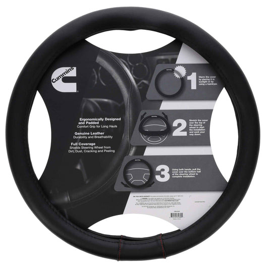 Cummins CMN35389 Executive 18-Inch Steering Wheel Cover Leather Semi Truck Interior Accessories for RV and Big Rig-Black with Red Stitching