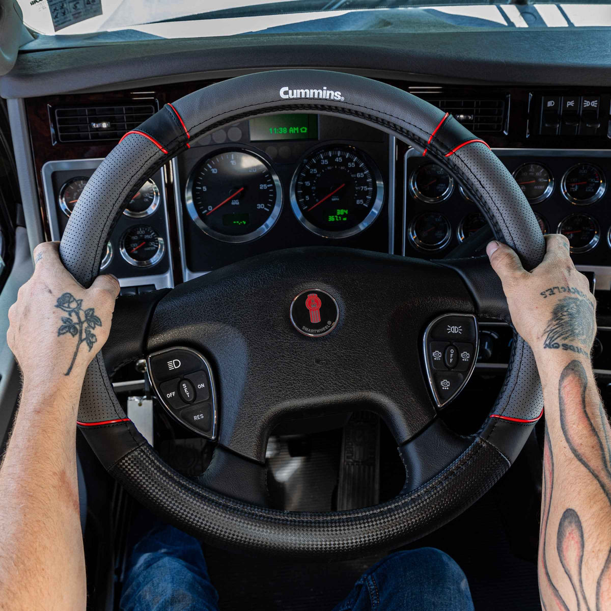 Cummins CMN35390 Sport 18-Inch Steering Wheel Cover Leather Semi Truck Interior Accessories for RV and Big Rig-Black and Red