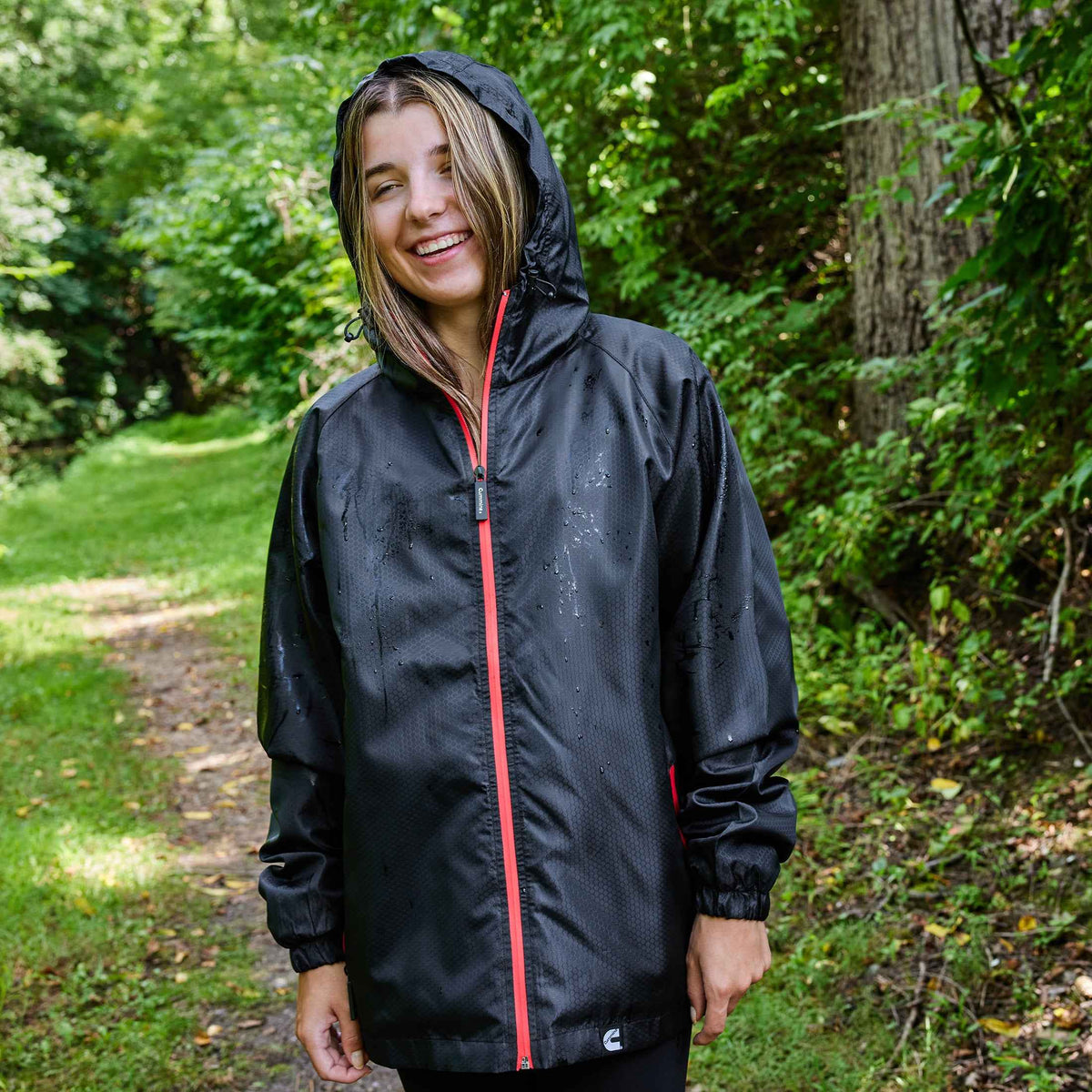 Cummins CMN35397 Mens Lightweight Rain Jacket Windbreaker Water-Resistant Hooded Outerwear-Black and Red 2XL