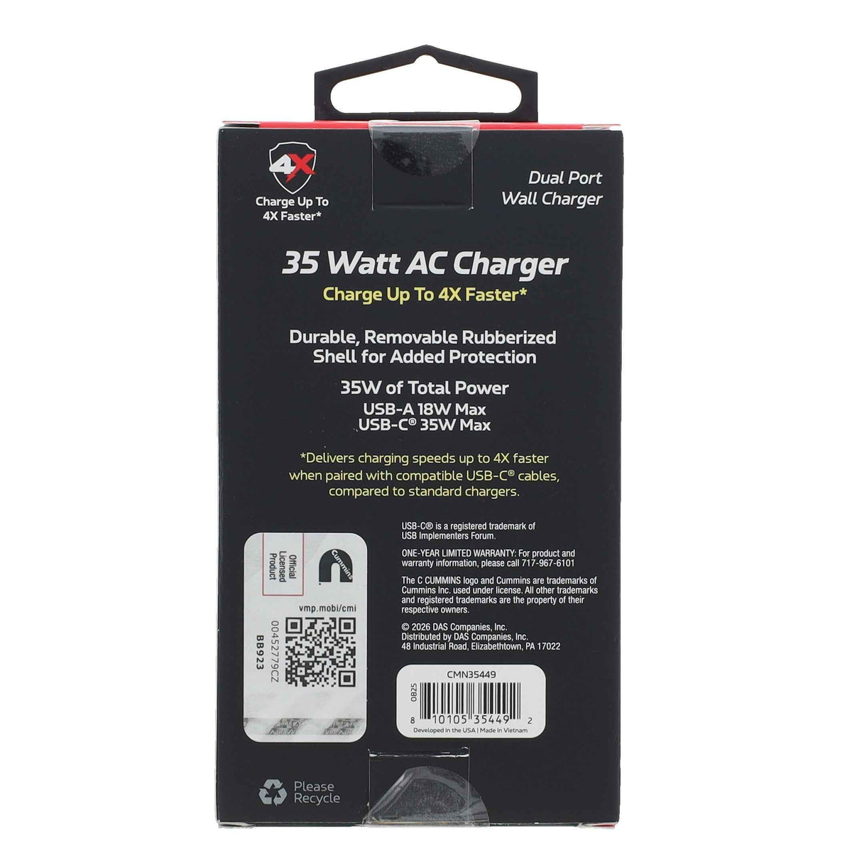 Cummins 35W Dual Port AC Wall Charger - USB-C and USB-A Fast Charging - Up to 4X Faster - Durable PC Shell with Removable Silicone Sleeve