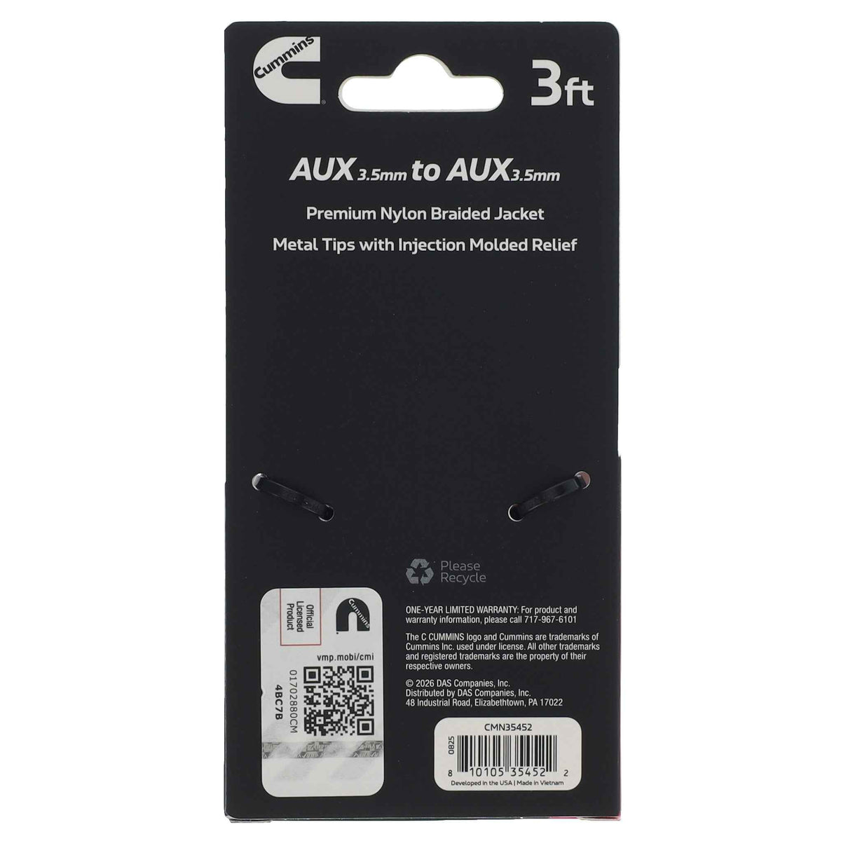 Cummins 3ft Aux 3.5mm to 3.5mm Audio Cable - Premium Braided Cable w Durable Aluminum Connectors Tangle-Free Officially Licensed