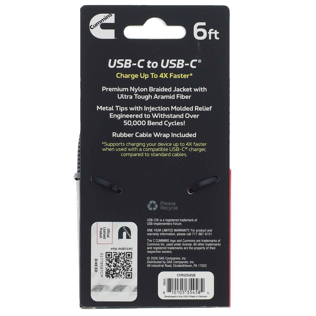 Cummins 6ft USB-C to USB-C Fast Charging Cable - iPhone and Samsung - Premium Braided 4X Faster Charge and Sync Ultra-Durable Aramid Fiber