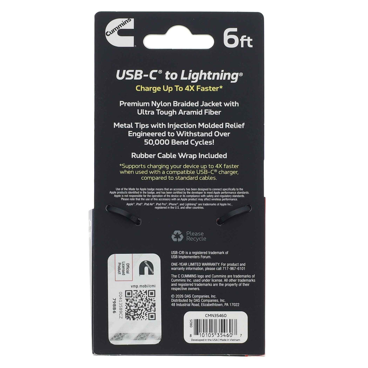 Cummins 6ft USB-C to Lightning Fast Charging Cable - MFi Certified for Apple iPhone an iPad Premium Braided Ultra-Durable Aramid Fiber